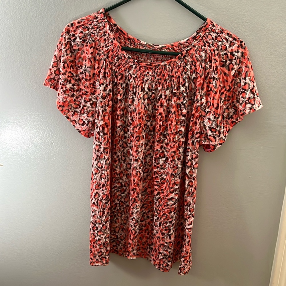 Sheer, Leopard Print, Cotton Blend Blouse, Sz Large, Salmon/Peach Orange, White